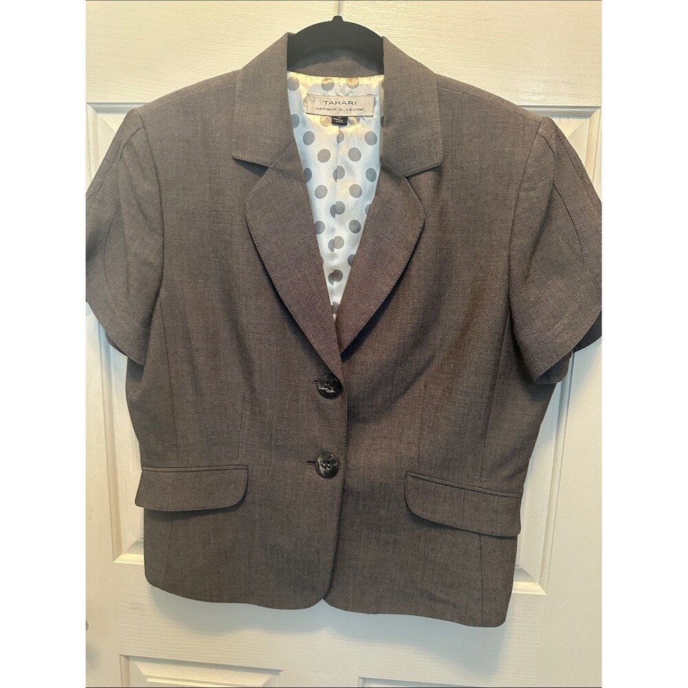 Tahari Short Sleeve Charcoal Jacket Lined Summer Classic Chic Size 14